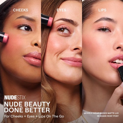 Nudestix Nudies Matte Lux – 3-in-1 Soft-Matte Blush Stick for Cheeks, Eyes & Lips with Built-In Brush | Cream-to-Powder Finish with Blurring Effect | Clean, Vegan, Travel-Friendly Makeup (Nude Buff)