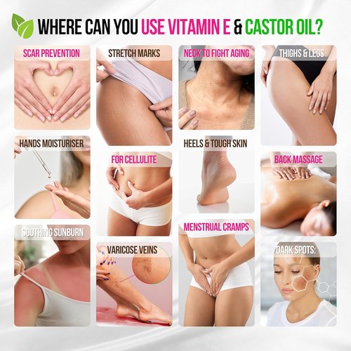 Organic Vitamin E Oil - Scar & Stretch Mark Treatment with Castor, Rosehip, Jojoba | Hydrating Face & Body Oil
