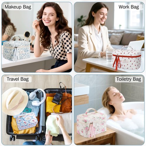 senbowe Large Quilted Makeup Bag, Cotton Floral Cosmetic Bag for Women, Cute Coquette Aesthetic Makeup Bag Toiletry Bag, Travel Make Up Organizer Bag with Zipper and Ribbon (Pink-green Floral)