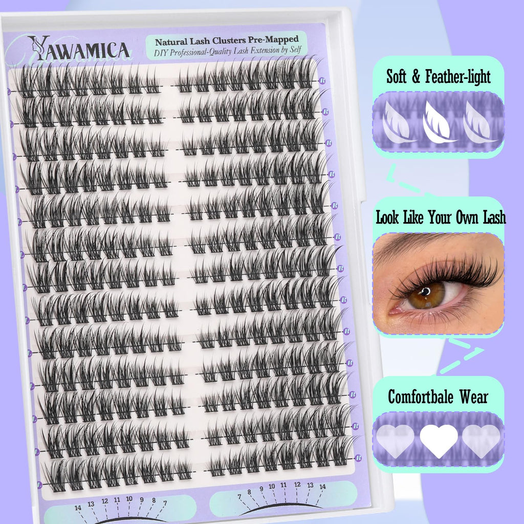 Yawamica Natural Lash Clusters Short Cat Eye Lash Extension 7-14mm Wispy Eyelash Clusters C Curly Individual Lashes Pre-mapped Left Right Cluster Eyelash Extensions DIY Lash Natural Look