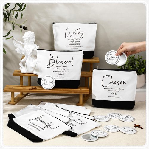 Kacctyen 20 Pcs Christian Gift Bulk 10 Inspirational Canvas Bible Verse Makeup Bag 10 Religious Compact Mirrors for Women Mother Pastor Easter Church Gifts Employee Appreciation Gift(Bible Verse)