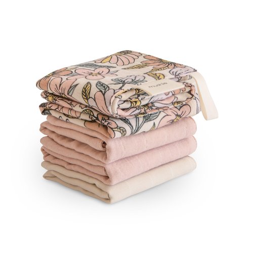 mushie Muslin Organic Cotton Washcloths 5-Pack (Retro Flowers Combo) | Soft Wipes for Baby Cleanups and Bathing