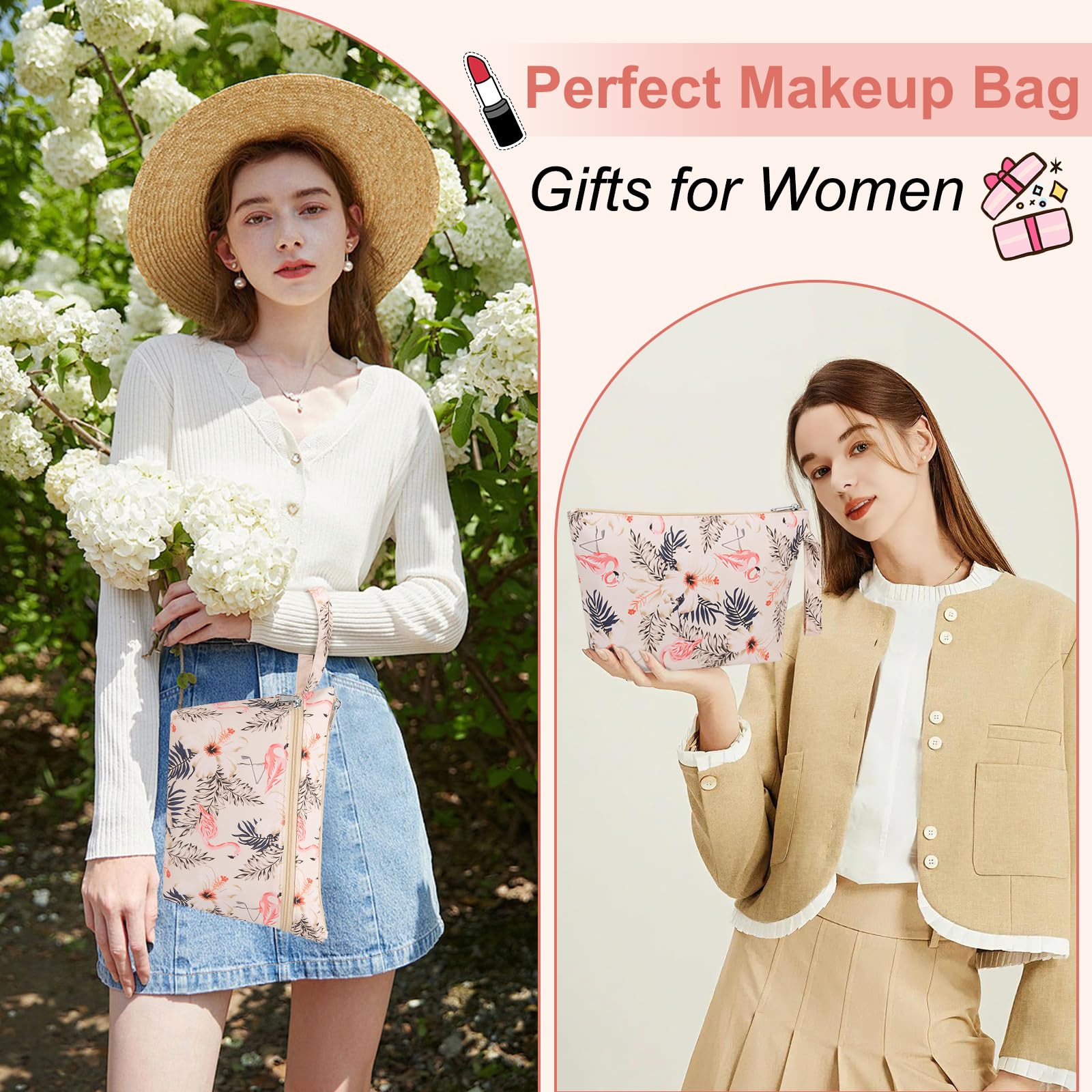 ZENTREON Makeup Bag for Purse Zipper Toiletry Travel Bag, Large Floral Cute Makeup Bag Tool Pouch Birthday Christmas Gifts for Women Girls Sister Friends, Make Up Bags with Dry-wet Compartment