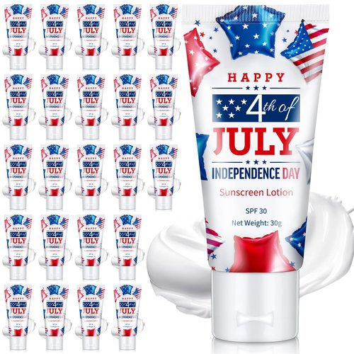 Dansib 24 Pcs Mini Sunscreen Bulk for Summer Wedding Party Spf 30 Water Resistant Sunscreen Lotion Bulk 1oz Travel Size for Thank You Gifts Wedding Party Supplies(White Cream,Independence Day)