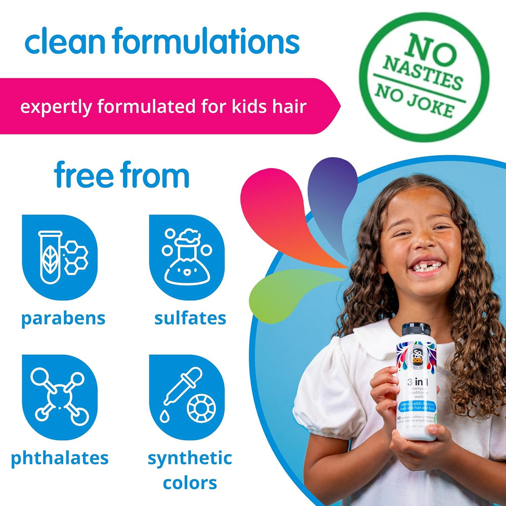 SoCozy 3-in-1 Kids Shampoo, Conditioner & Body Wash - Gentle Hydrating Cleanser with Keratin & Kiwi Extract (16 Fl Oz)