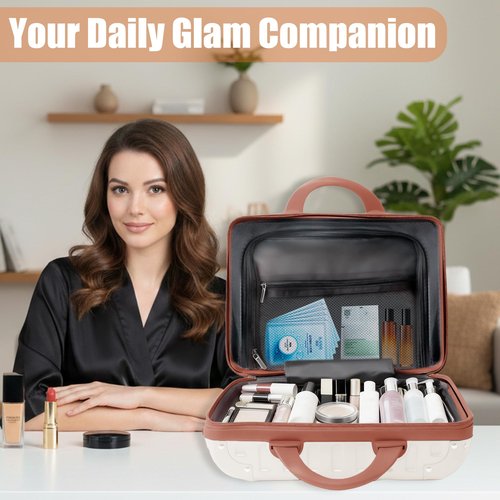 GigabitBest 14 Inch Portable Makeup Travel Case Hand Luggage, Hard Shell ABS Cosmetic Organizer with Safety Lock, Small Carry-On Travel Bag for Women
