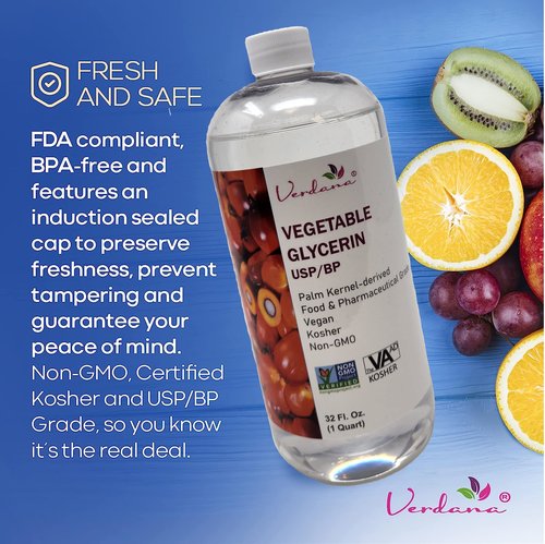 Verdana Vegetable Glycerin – USP, Food, Cosmetic Grade - Palm-Derived, No Soy Involved – Glycerine for Cosmetic & Personal Care and Skin, Hair & Other Formulations – Non-GMO, Vegan – 32 fl oz