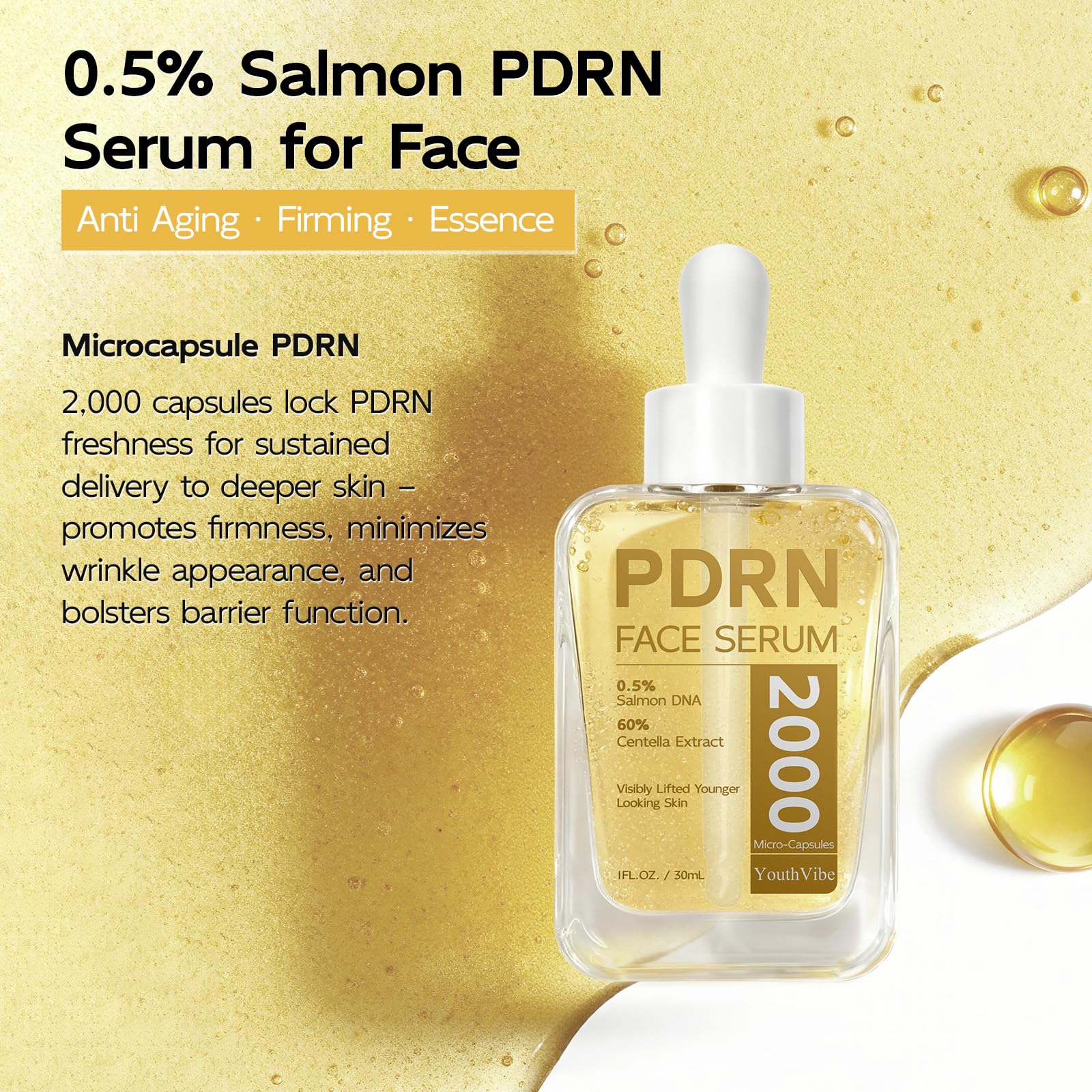 YouthVibe 0.5% PDRN Serum for Face, Anti-Aging Salmon DNA Face Serum with Hyaluronic Acid, Niacinamide & Squalane, Firming & Hydrating for Fine Lines & Wrinkles Skincare - 30ml