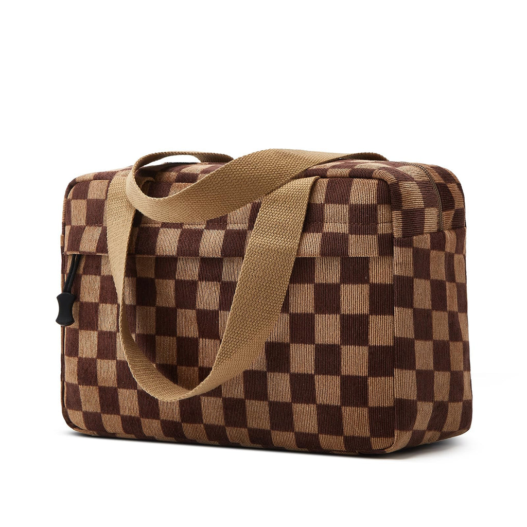 ZOEMTIU Large Makeup Bag for Women Corduroy Cosmetic bag Make up Bags Zipper Pouch with handle Cosmetic Organizer Toiletry Bag for Travel Storage (Checkered Darkbrown)