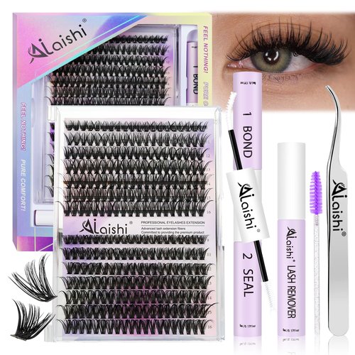 AILAISHI Lash Clusters Kit, DIY Cluster Eyelash Extensions 9‑16mm, 40D+50D, 280pcs Fluffy D Curl Natural Lashes with Bond & Seal,Remover,Tweezers,Brush–Fake Cat Eye Wispy Individual Clusters