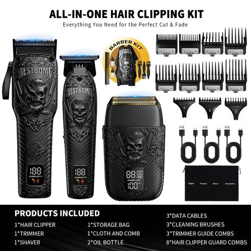 BESTBOMG Professional Cordless Mens Hair Clippers & Beard Trimmer and Electric Shavers Kits & Sets,Metal Hair Clippers Cutting Grooming Kit with Long Battery Life for Family Barber Use (Black)