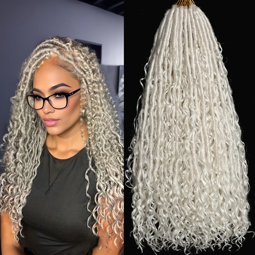 Silver White Goddess Locs Crochet Hair 7-Pack Pre Looped Braiding Hair 84 Strands Bohemian Faux Loc Boho Braids River Locs Dreadlocs Hair for Black Women (Silver white, 18 Inch(Pack of 7))