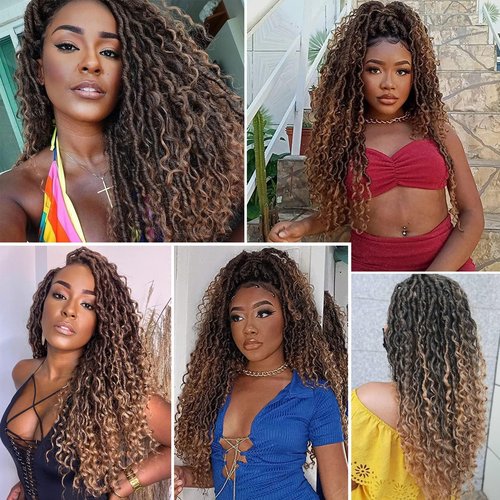 Goddess Locs Crochet Hair 18 Inch 7 Packs Faux Locs Ombre Boho Synthetic Pre Looped Crochet Braids Curly Ends (4/27/613)