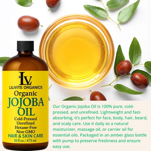 Organic Jojoba Oil – 100% Pure, Cold-Pressed, Unrefined – Jojoba Oil for Hair, Skin, Face, Body, Beard, and Scalp – Natural Carrier Oil for Essential Oils – 16 fl oz Amber Glass Bottle with Pump