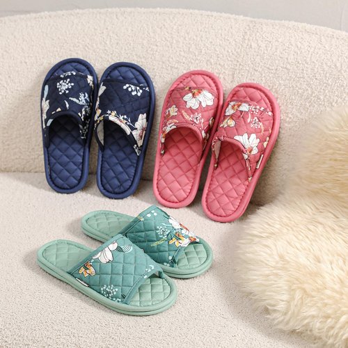 3 Pairs Floral Cotton House Slippers for Women, Open Toe Indoor Slippers Comfortable Washable Portable Foldable Guest Travel Hotel Airplane Spa Slippers (Solid Color Flower, 7-8.5, Adult, Women, 7, Numeric Range, US Footwear Size System, 8.5, Medium)