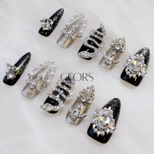 GLORS Luxury Long Almond Press-On Nails, Black and Silver Glitter with 3D Rhinestones and Pearl Accents, Handmade False Nail 10 Pieces (Small, LS)