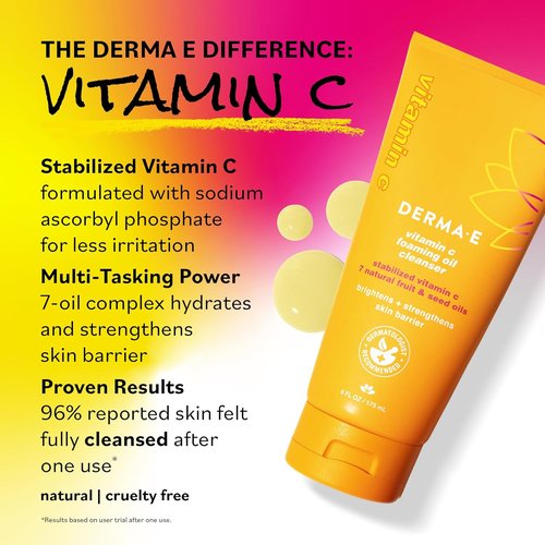 Derma E Vitamin C Foaming Oil Cleanser - 2-in-1 Oil-to-Foam Face Wash, 6 Fl Oz | Brightens & Nourishes Skin