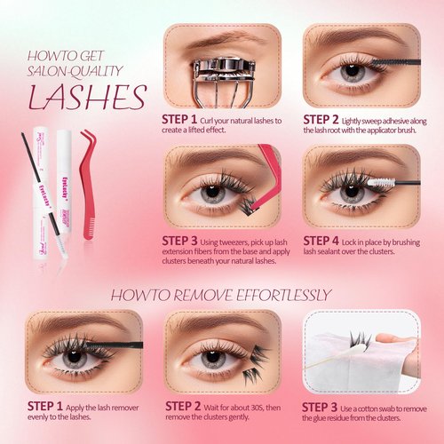 Lash Clusters Kit | 0.05mm Wispy Eyelash Clusters (9-16mm D Curl) Flora lash clusters| Wide Span DIY Eyelash Extension Kit Spiky Cat EyeLashes | Fairy Manga Fluff Lashes |Ultra-Thin Black Band