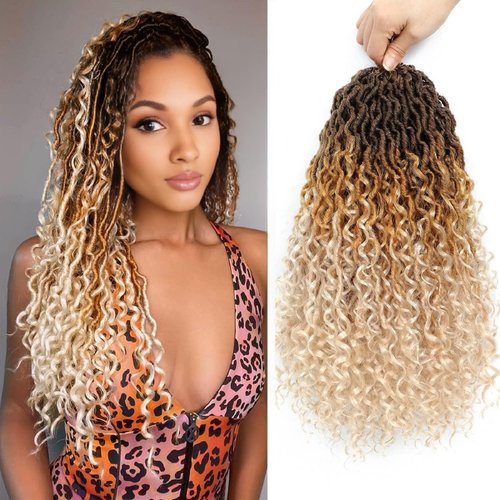 Goddess Locs Crochet Hair 18 Inch 7 Packs Faux Locs Ombre Boho Synthetic Pre Looped Crochet Braids Curly Ends (4/27/613)