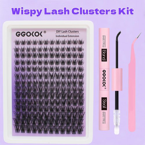 GGOKOK Lash Clusters Kit Wispy Lash Extension Kit 10-18mm Cluster Eyelash Extensions Kit Individual Lashes 168pcs Eyelash Clusters with Lash Bond and Seal, Lash Tweezers for Self Use(Wispy-02,Kit)