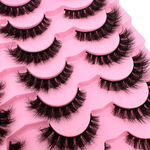 etokdos Short Fluffy Lashes Cat Eye 21 Pairs Natural False Strips Lashes Pack Wispy 3D Faux Mink Eyelashes