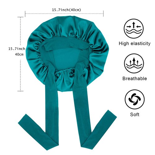Satin Silk Hair Bonnet for Sleeping Large Bonnets with Tie Band Wrap with Adjustable Straps Night Sleep Caps for Women Curly Braid Hair (Black,Dark Turquoise)