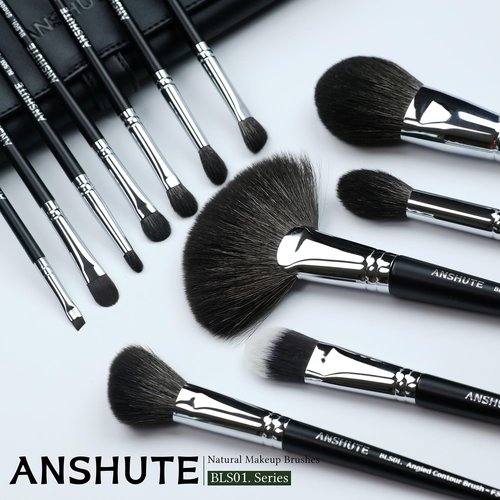 Anshute 12-Piece Professional Natural Goat Hair Makeup Brush Set with Travel-Ready Makeup Brush Organizer - 5 Face & 7 Eye Brushes. Super Soft Bristles, Variety of Brushes. Labled Brush Handle
