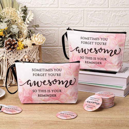 Beeveer 15 Sets Pink Thank You Gifts for Women, Inspirational Gifts Bulk for Female Client Teacher Employee Coworker, Sometimes You Forget You're Awesome Makeup Bags and Compact Mirrors for Party