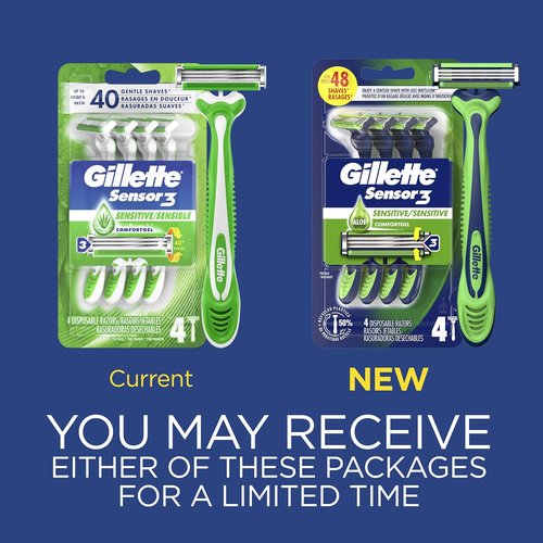 Gillette Sensor3 Sensitive Disposable Razors - 4 Pack for Gentle Shaving Comfort