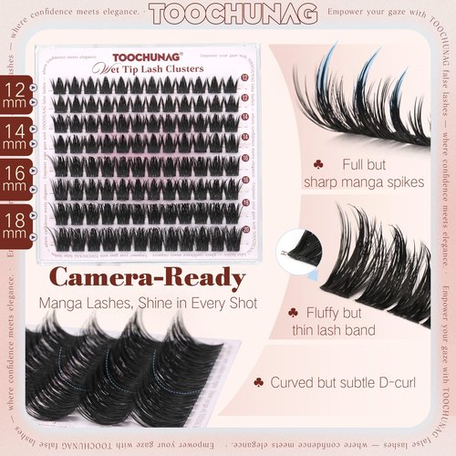 TOOCHUNAG Anime Lash Clusters 12-20mm Manga Eyelash Clusters Volume Cluster Eyelash Extensions D Curly Lashes Clusters DIY Lash Extensions Wispy Individual Lashes
