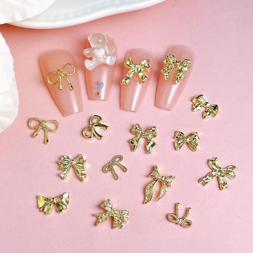 120Pcs Gold Bow Nail Charms, 3D Metal Alloy Bowknot Nail Art Golden Bows Charms for Nails Decor Accessories DIY Craft
