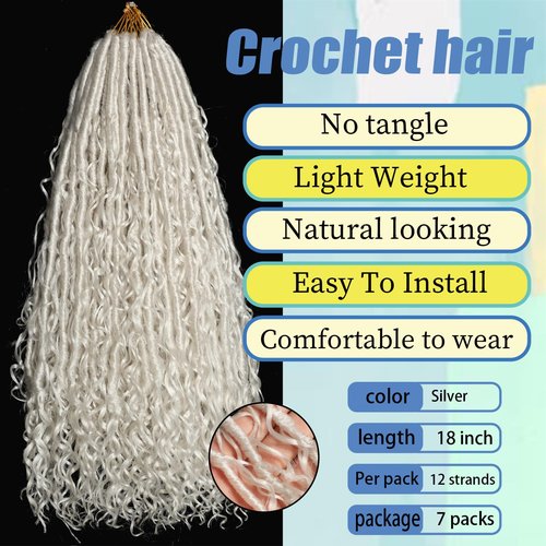 Silver White Goddess Locs Crochet Hair 7-Pack Pre Looped Braiding Hair 84 Strands Bohemian Faux Loc Boho Braids River Locs Dreadlocs Hair for Black Women (Silver white, 18 Inch(Pack of 7))