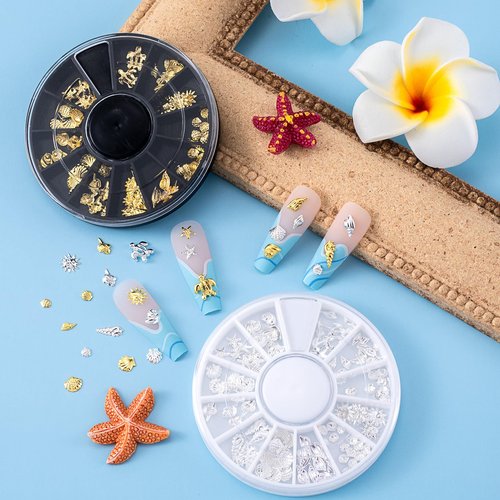 Pndeyo 2 Disc Ocean Nail Art Charms, Beach Starfish Sea Seashell Nail Decal, Alloy 3D Gems Jewelry Decoration Supplies for Manicure DIY Embellishments 12 Style- Silver & Gold