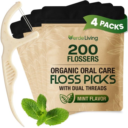Verde Living Double Thread Biodegradable Floss Picks (200-Count) - Mint Flavoured Eco-Friendly Plant-Based Dental Flossers for Tight Teeth - Plastic-Free Floss with Ergonomic Design for Sensitive Gums
