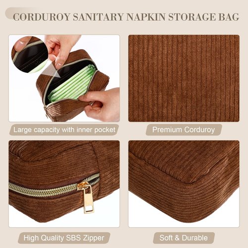 Dansydaisy 4 Pcs Sanitary Napkin Storage Bag Corduroy Period Bag for School Teen Mini Makeup Preppy Cosmetic Wallet Set for Women Teacher Portable First Period Cute Pad Pouch with Zipper