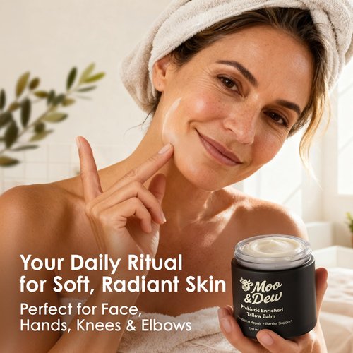 Beef Tallow for Skin & Face – Probiotic-Enriched Tallow Balm, Pasture-Raised Moisturizer with Citrus Extract, Hydrating Cream for Dry or Sensitive Skin, Gift Box & Bamboo Spatula Included (4 fl oz)