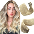 Sew in Hair Wefts Human Hair Extensions Balayage Blonde Highlights to Platinum Blonde Hand Tied Weft Hair Extensions Human Hair 14 Inch Double Weft Sew in Hair Extensions Real Human Hair Full Head