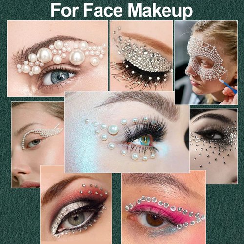 Flat Back Rhinestones&Pearls Kits Round Glass Crystal Transparent White Gems+White Pearls with Quick Dry Makeup Glue+Picker Pencil+Tweezer for Nail Art and Face Eye Body Make-up