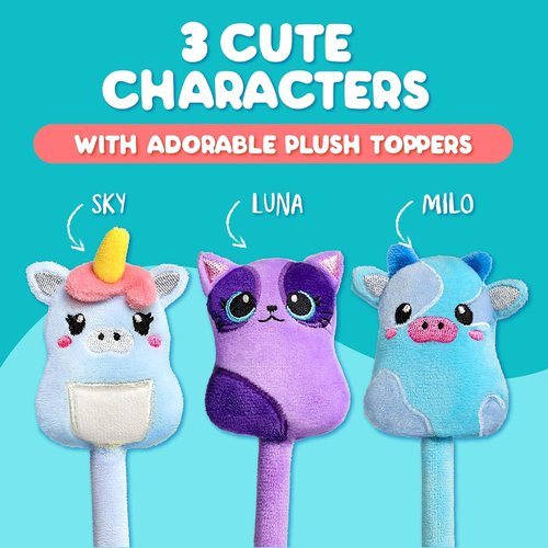 BUNMO Plush Cute Pens 3-Pack - Squishy Animal Designs with Scented Glitter Ink Refills | Cat, Cow, Unicorn