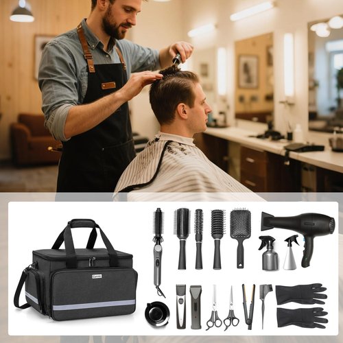 CURMIO Barber Travel Case, Large Capacity Hairdresser Storage Bag with Inner Dividers for Hair Clippers and Cutting Tools, Black, Bag Only