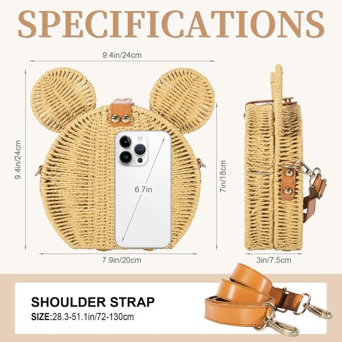 Skiennix Round Rattan Straw Bag - Handmade Cute Mouse Ear Wicker Purse | Crossbody Shoulder Handbag