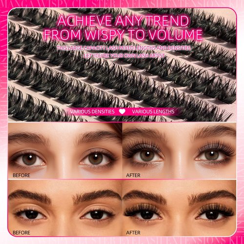 Lash Clusters, 532pcs 80D Natural Fluffy D Curl Lashes Clusters 10-18mm Individual DIY Manga Wispy Cluster Eyelash Extensions Kit Fairy Flora False Eyelashes Waterproof