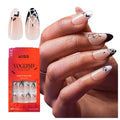 KISS Voguish Fantasy Halloween Press On Nails Almond, ‘Witch Out’, Black and White, Medium Length, Glow In The Dark, Jewel Stones, Pink Gel Nail Glue (2g), 28 Fake Nails