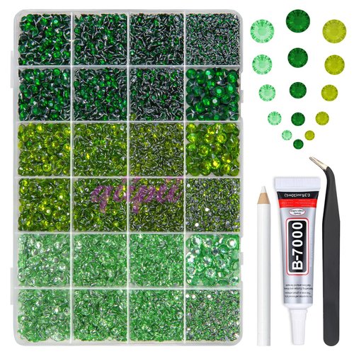 qiipii 2mm-6mm 3 Color Green Series Crystal Resin Rhinestones w B7000 Jewelry Glue for Bedazzling Crafting Flatback Stones Gems Diamonds for Nails Face Eyes Makeup Tumblers Bottles DIY Crafts Clothes