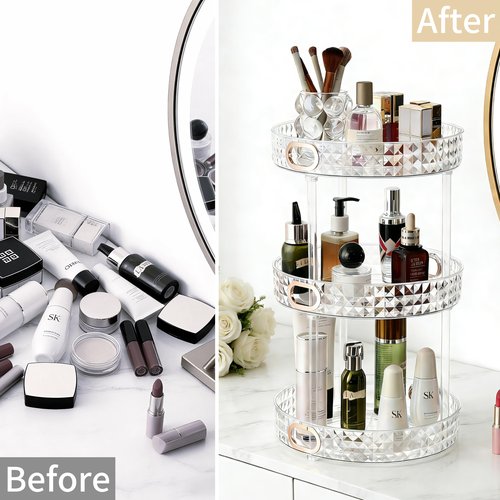 HsaExtriva 360 Rotating Makeup Organizer, 3 Tier Diamond Pattern Perfume Organizer, 10.7" Large Capacity Skincare Lotion Organizer, Designed for Vanity and Bathroom Countertops, Clear