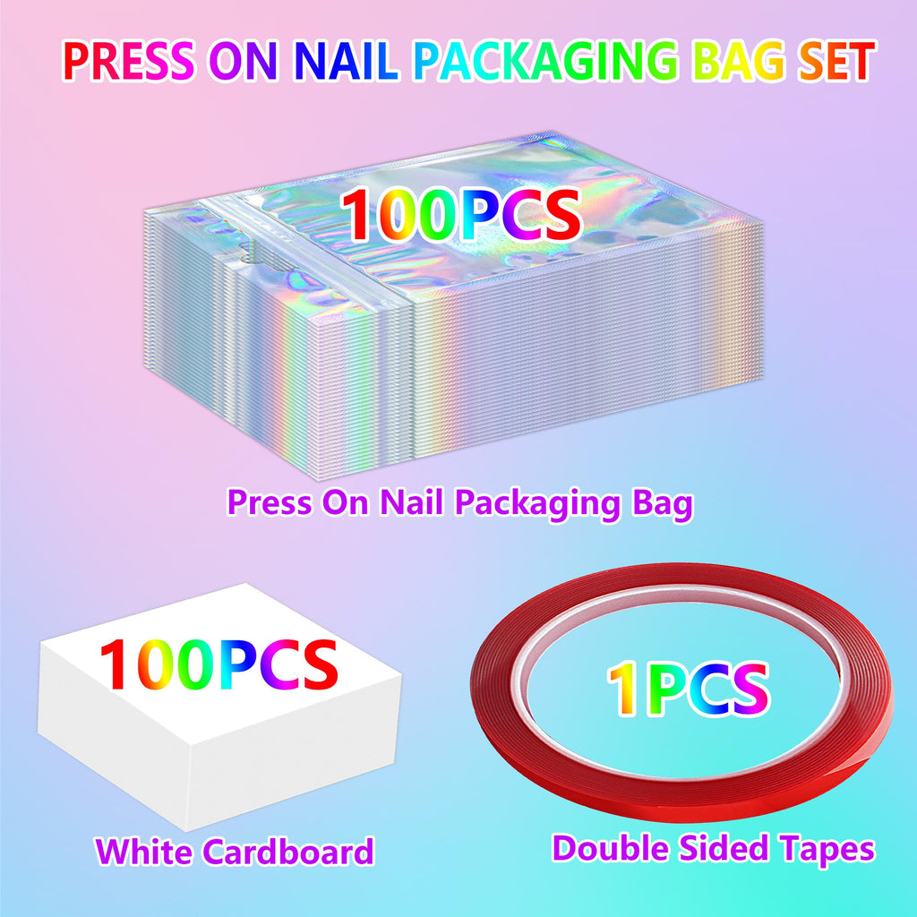 YHNTGB 100 Sets Empty Press on Nail Packaging Including Holographic Bags White Card and Transparent Tape for Manicurist Small Business Office Home