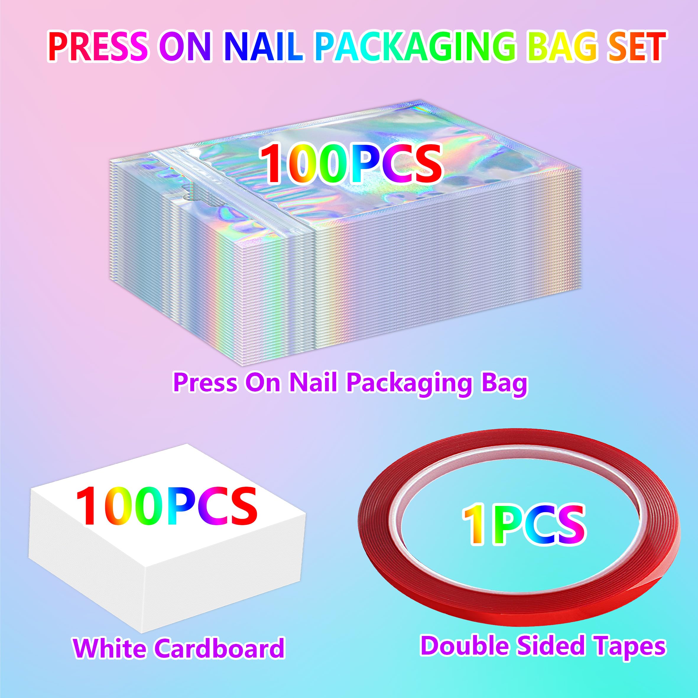 YHNTGB 100 Sets Empty Press on Nail Packaging Including Holographic Bags White Card and Transparent Tape for Manicurist Small Business Office Home