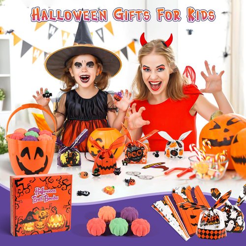 Halloween Gifts for Kids - 16pcs Halloween Bath Bombs for Kids with Toys Inside Halloween Party Favors Goodie Bag Fillers Bubble Bath with Spooky Pumpkin Bath Bombs
