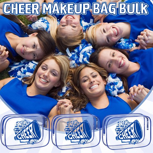 Kacctyen 24 Pcs Cheer Team Gifts Cheer Makeup Bag Bulk for Team Sport Gifts PVC Clear Cosmetic Bag Cheerleader Makeup Case Toiletry Zipper Pouch for Sport Cheerleading, 7x4.7x2.4''(Blue)