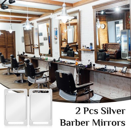 Kigley 2 Pcs Large Hand Mirror with Double Handle Barber Mirror Unbreakable Rectangular Hand Held Hair Salon Equipment Hairstylist and Barber Accessories, 15.75 x 9.84 Inches/ 40 x 25 cm (Silver)